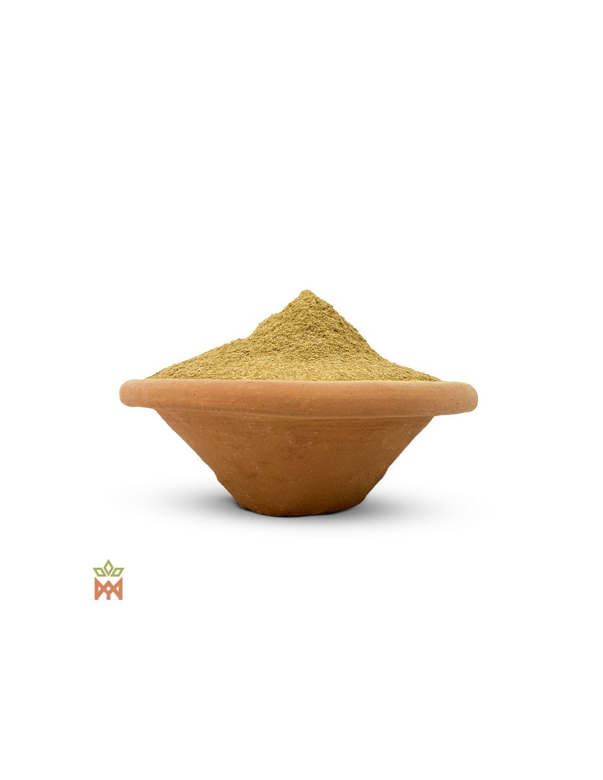 Mucura du Pérou – Feuilles en poudre, Petiveria alliacea – poudre vert olive dans un bol en terre cuite
