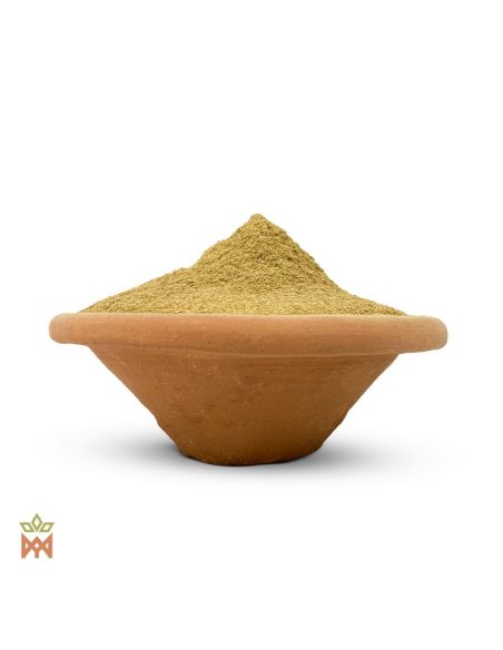 Mucura du Pérou – Feuilles en poudre, Petiveria alliacea – poudre vert olive dans un bol en terre cuite