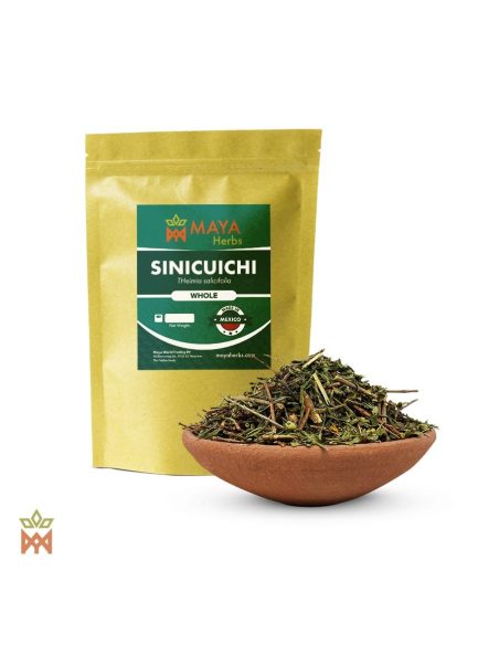 Sinicuichi du Mexique – Feuilles fragmentées, Heimia salicifolia – sachet étiqueté et bol de feuilles fragmentées