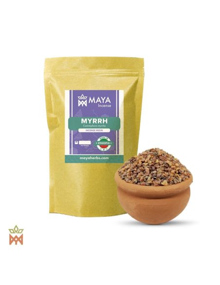 Myrrhe d’Éthiopie – sachet étiqueté Myrrh, Made in Ethiopia, et bol en terre cuite de granules