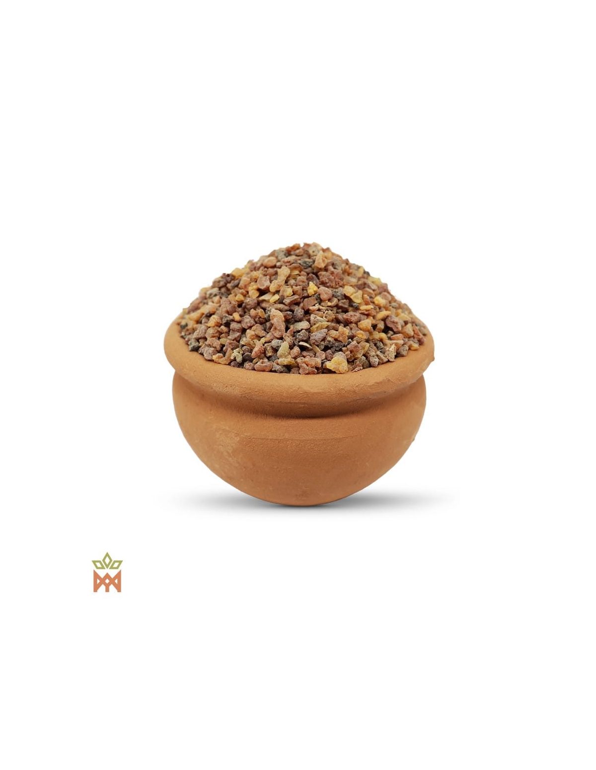 Myrrhe d’Éthiopie – petits granules de myrrhe brun-rouge dans un bol profond en terre cuite