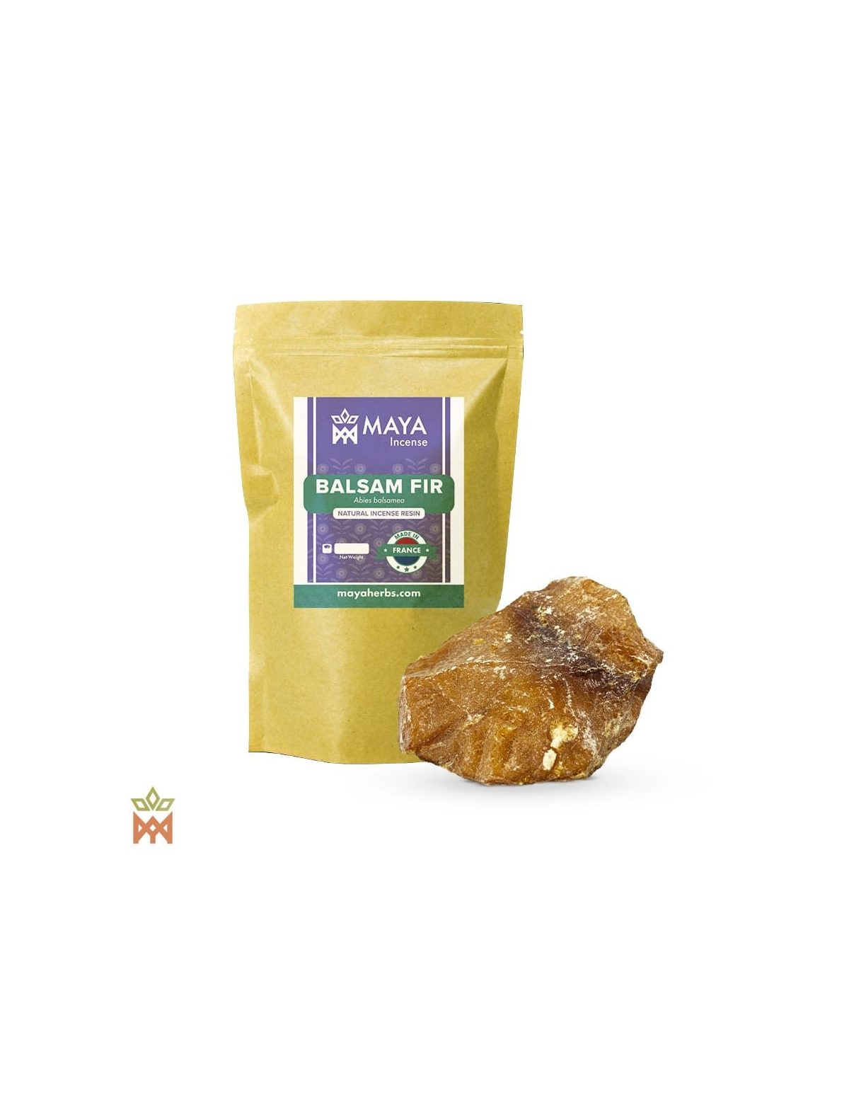 Résine de sapin baumier – France, Abies balsamea – sachet étiqueté et morceau de résine