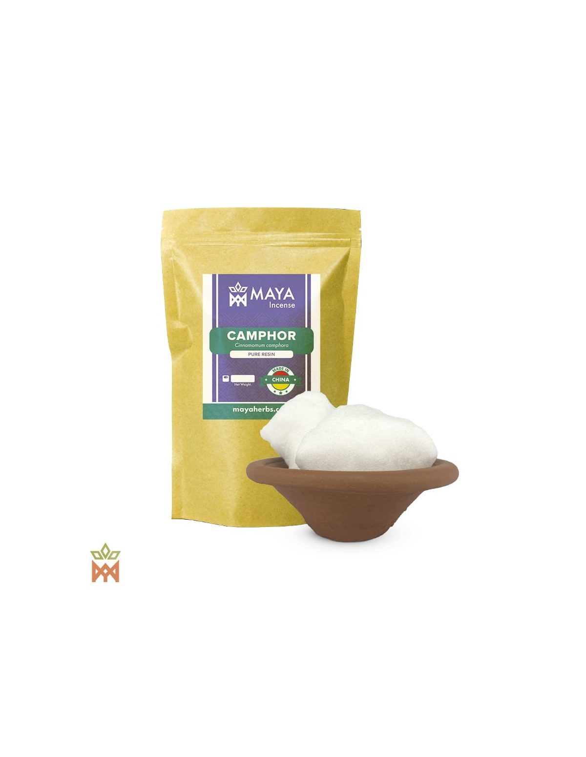 Camphre de Chine – sachet étiqueté et bol en terre cuite avec des blocs de camphre