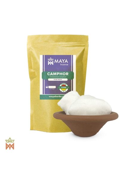 Camphre de Chine – sachet étiqueté et bol en terre cuite avec des blocs de camphre