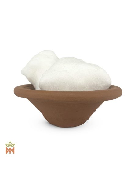 Camphre de Chine – Extrait de résine de sève, Cinnamomum camphora – blocs de camphre blancs dans un bol en terre cuite, détail