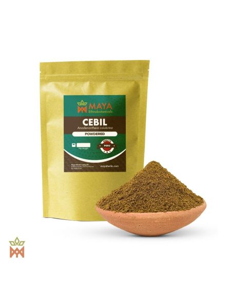 Cebil du Pérou – Graines en poudre, Anadenanthera colubrina – sachet étiqueté et bol de poudre brun olive
