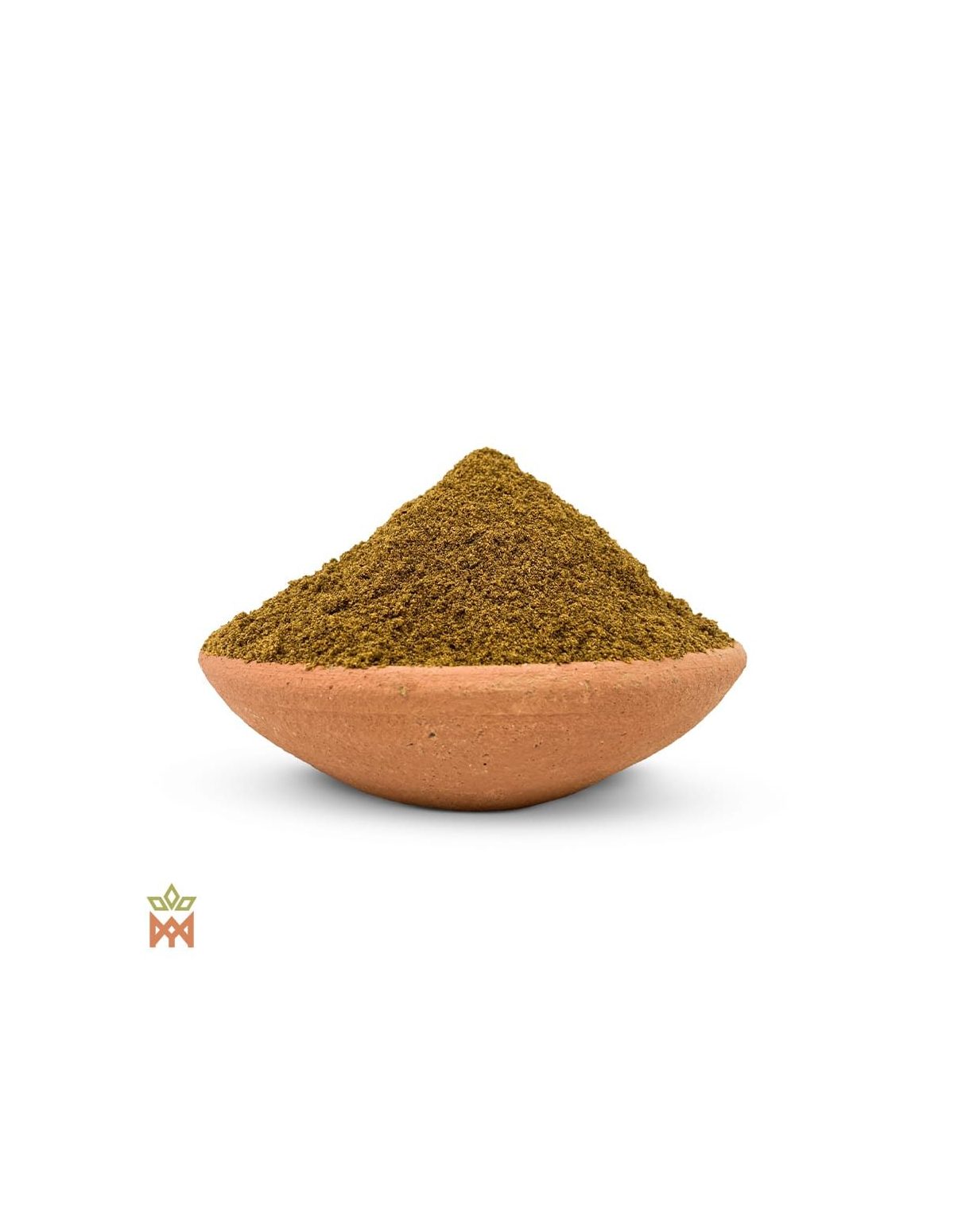 Cebil du Pérou – Graines en poudre, Anadenanthera colubrina – tas de poudre de graines dans un bol en terre cuite