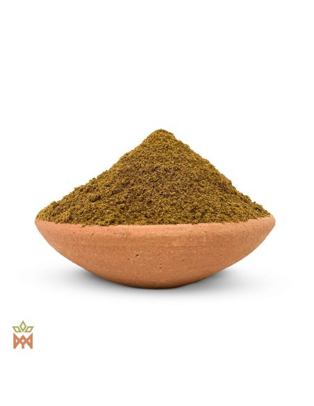 Cebil du Pérou – Graines en poudre, Anadenanthera colubrina – tas de poudre de graines dans un bol en terre cuite