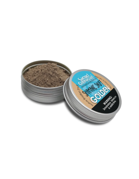 Rapé Golden – cendres de caneleiro et pixuri – boîte ouverte avec la poudre