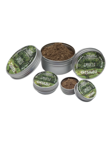 Rapé Caboclo – Gesileu – boîtes étiquetées de plusieurs tailles, deux ouvertes avec la poudre