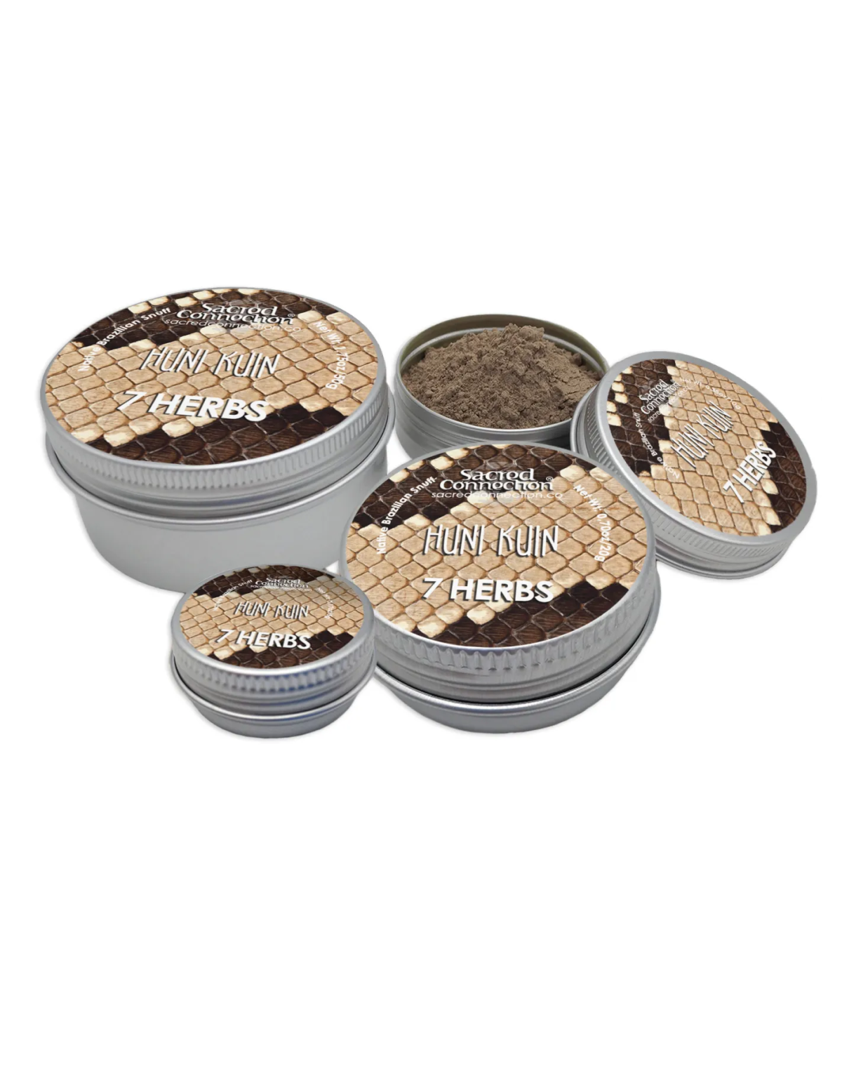 Rapé Huni Kuin – 7 Herbs – cinq boîtes étiquetées, dont une ouverte