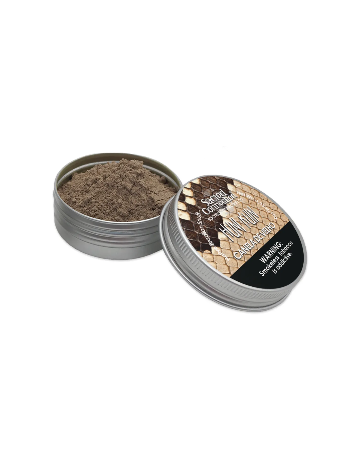 Rapé Huni Kuin – Canela de Velho – boîte ouverte avec la poudre et couvercle étiqueté