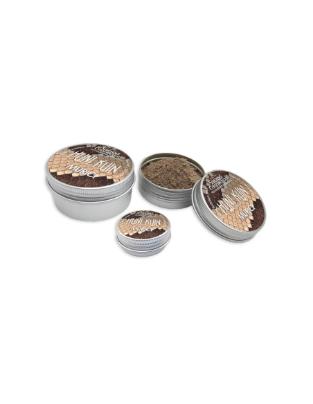 Rapé Huni Kuin – Murici – boîtes étiquetées de plusieurs tailles, dont une ouverte avec la poudre