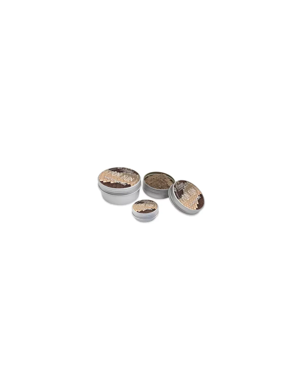 Rapé Huni Kuin – Xacapandaré – boîtes étiquetées de trois tailles, dont une ouverte avec la poudre