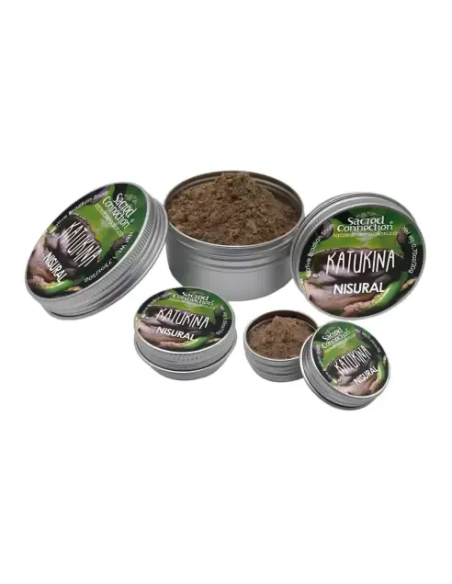 Rapé Katukina – Nisural – boîtes métalliques étiquetées de plusieurs tailles, dont deux ouvertes