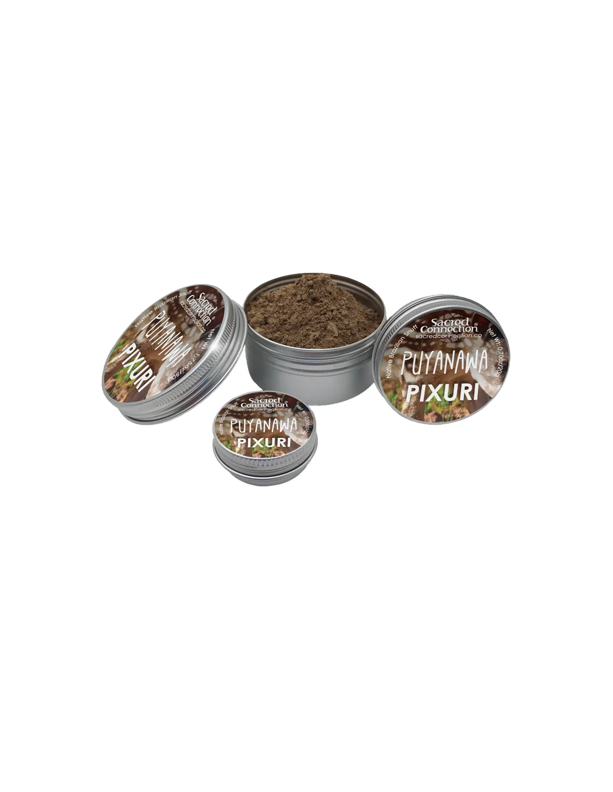Rapé Puyanawa – Pixuri – trois boîtes étiquetées et une boîte ouverte sur la poudre