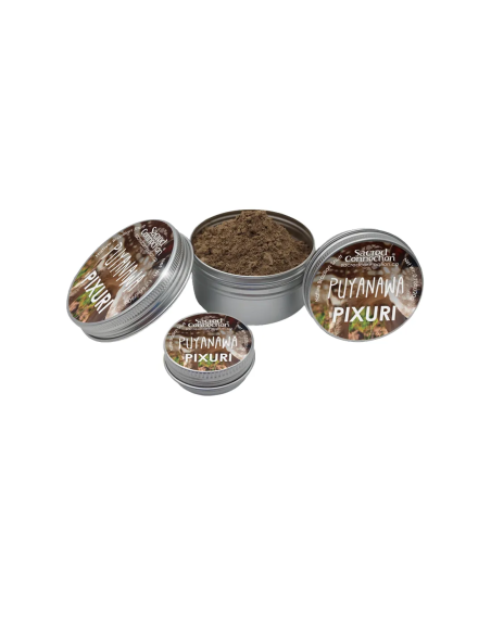 Rapé Puyanawa – Pixuri – trois boîtes étiquetées et une boîte ouverte sur la poudre