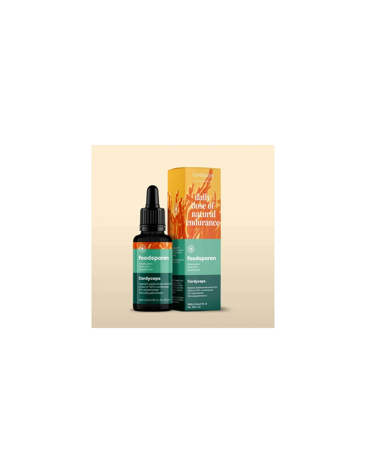 Extrait de cordyceps 8:1, 30 ml – Foodsporen – flacon compte-gouttes et boîte sur fond beige