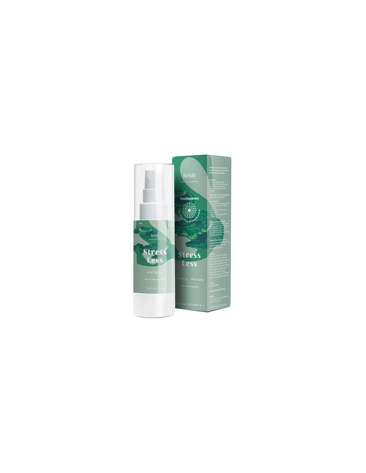 Spray buccal au reishi, menthe et ashwagandha, 30 ml – Foodsporen – flacon pulvérisateur et étui