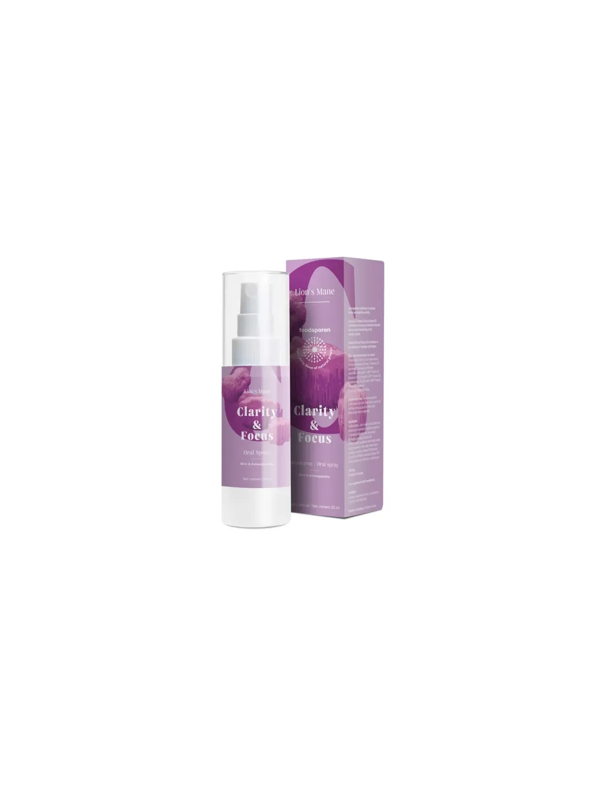 Spray buccal crinière de lion et ashwagandha, 30 ml – Foodsporen – flacon et boîte