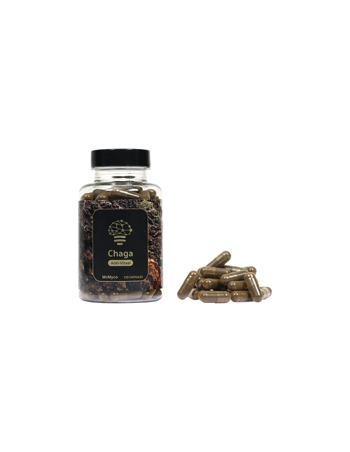 Chaga (Inonotus obliquus) – McMyco, 120 gélules – pot et gélules brun foncé en vrac