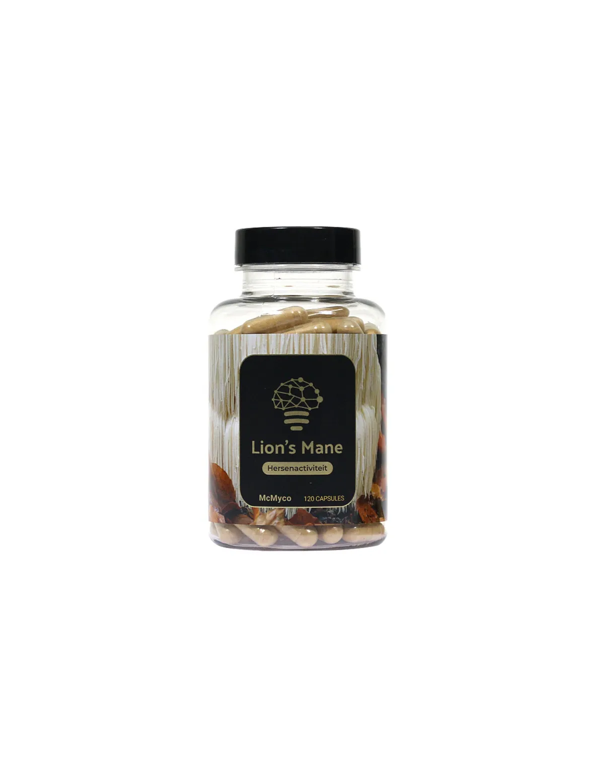 Crinière de lion (Hericium erinaceus) – McMyco, 120 gélules – pot, étiquette de face