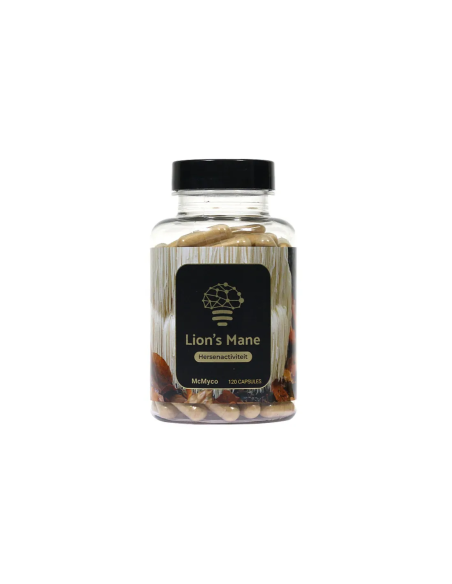 Crinière de lion (Hericium erinaceus) – McMyco, 120 gélules – pot, étiquette de face