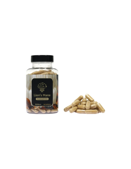 Crinière de lion (Hericium erinaceus) – McMyco, 120 gélules – pot et gélules en vrac
